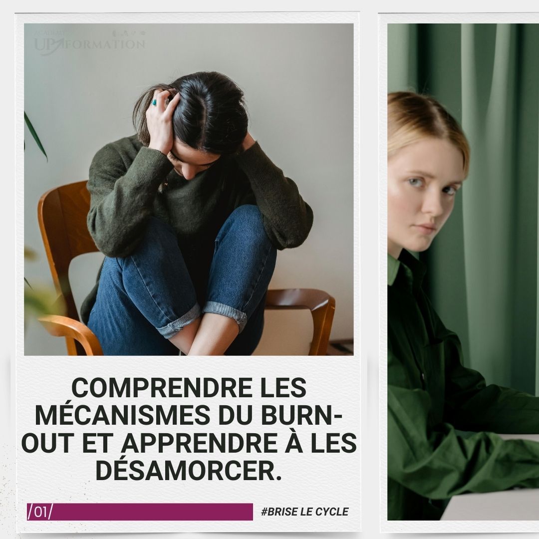 Femme assise recroquevillée sur une chaise, tenant sa tête, illustrant l'épuisement mental lié au burn-out.